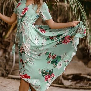 GREEN FLORAL PRINT FRONT BUTTON SLIT BEACH DRESS